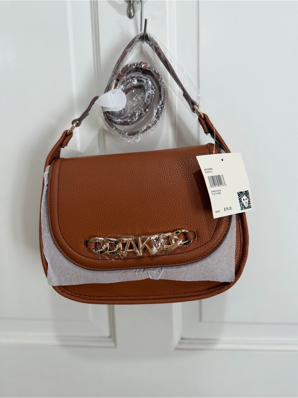 Anne Klein Cognac Pebbled Leather Shoulder Bag with Gold Chain